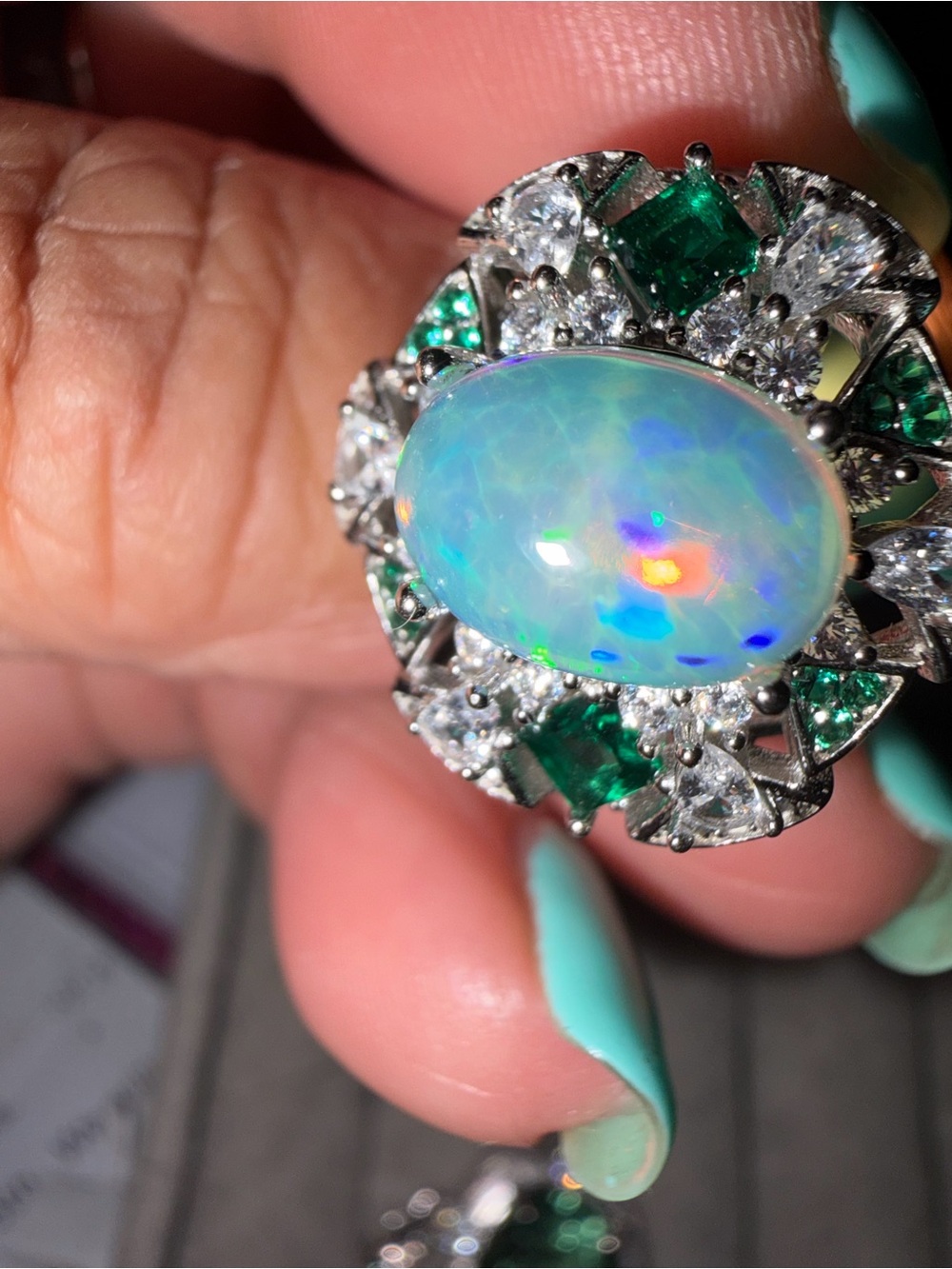 Opal and Emerald Halo Statement Ring - White Gold Finish Ring size 8 adjustable